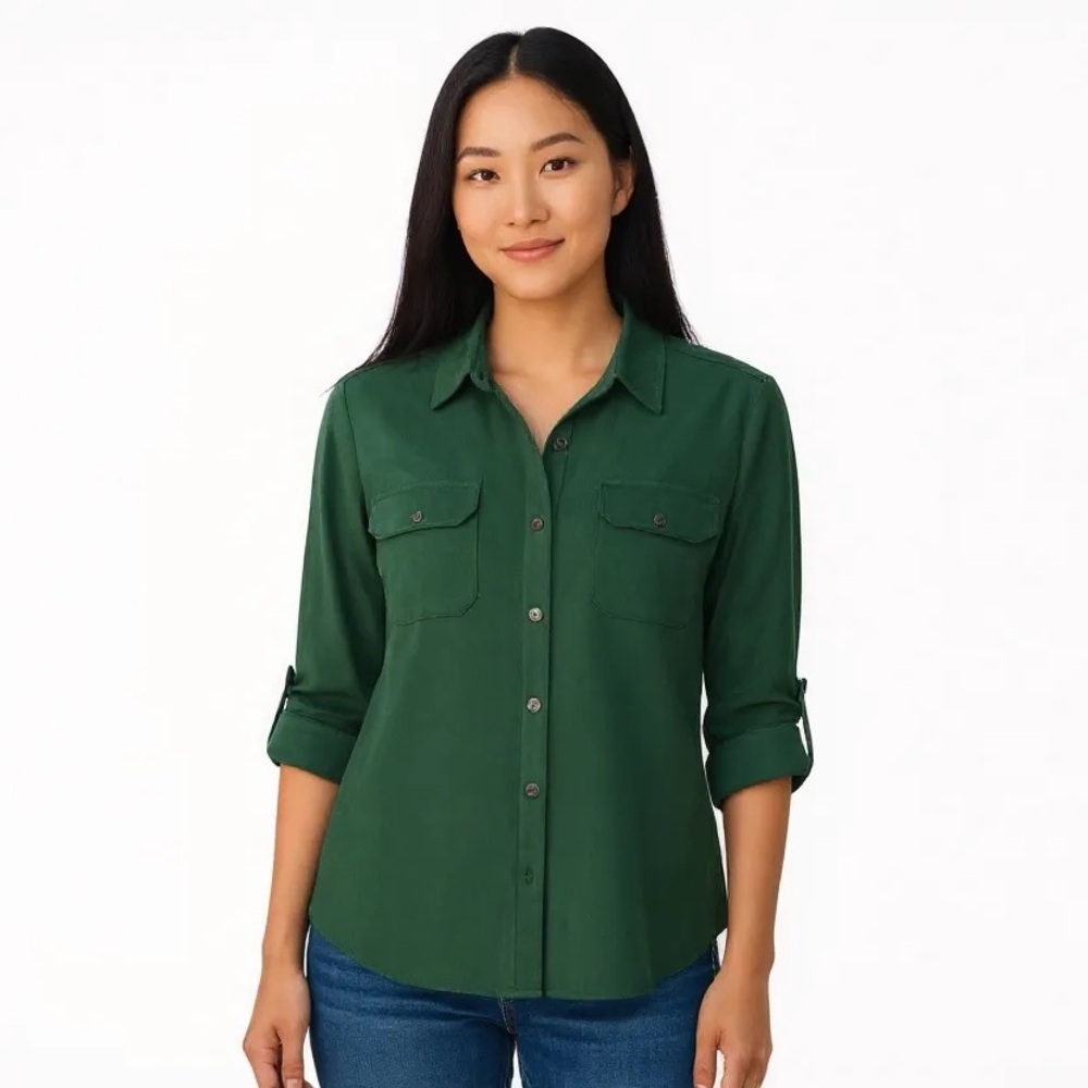Choices, Women’s Hunter Green Button Down Long Sleeves Faux Feel. XL.